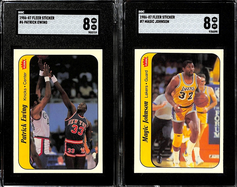 1986-87 Fleer Basketball Partial Sticker Set (9 of 11 cards) inc. 5 Graded (Julius Erving SGC 8, Patrick Ewing SGC 8, Magic Johnson SGC 8, Dominique Wilkins SGC 7, Hakeem Olajuwon SGC 8) - Missing...