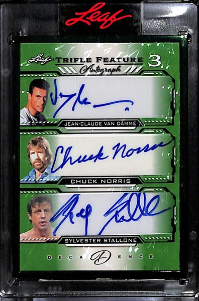 2023 Decadence Jean-Claude Van Damme, Chuck Norris, Sylvester Stallone Triple Feature Autograph Card (#/2)