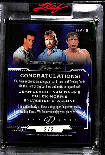 2023 Decadence Jean-Claude Van Damme, Chuck Norris, Sylvester Stallone Triple Feature Autograph Card (#/2)