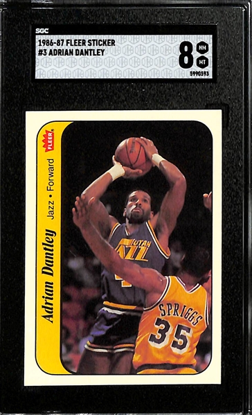 1986-87 Fleer Basketball Partial Sticker Set (7 of 11 stickers) inc. 5 Graded (Adrian Dantley SGC 8, Julius Erving SGC 8.5, Patrick Ewing SGC 7, Dominique Wilkins SGC 7.5, Akeem Olajuwon SGC 8.5) -...