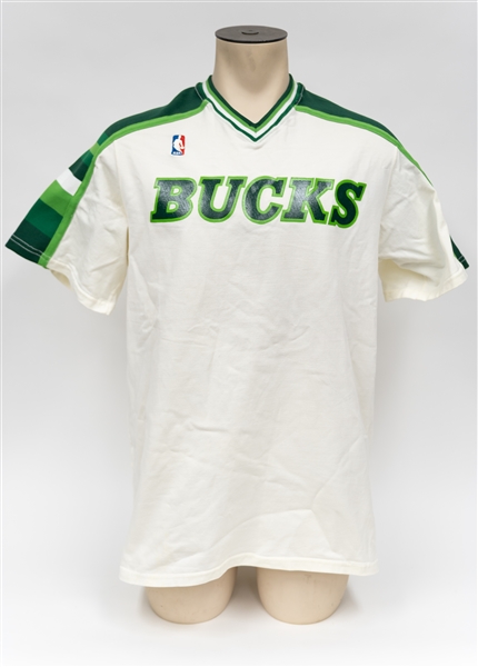 Game-Work Milwaukee Bucks Warm-Up Jersey (c.1989-1990) Attributed to Sidney Monchief Presented to Halftime Performer Jeremy Kable at a 1990-91 Season Game