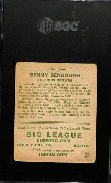 1933 Goudey #1 Benny Bengough Graded SGC 2