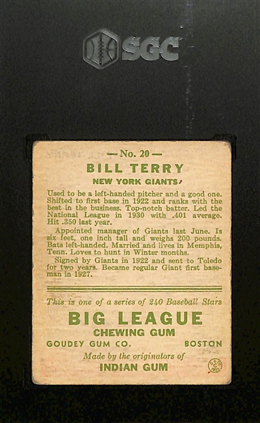 1933 Goudey #20 Bill Terry Graded SGC 3