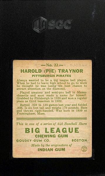 1933 Goudey #22 Pie Traynor Graded SGC 3