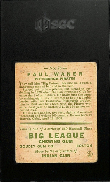 1933 Goudey #25 Paul Waner Graded SGC 2.5