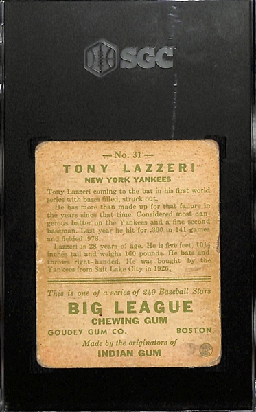 1933 Goudey #31 Tony Lazzeri Graded SGC 3