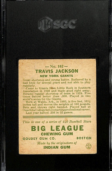 1933 Goudey #102 Travis C. Jackson Graded SGC 4