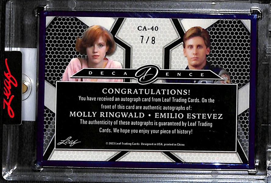 2023 Leaf Decadence Molly Ringwald & Emilio Estevez Costar Dual Autograph (#/8) - Both From the Iconic Movie by John Hughes