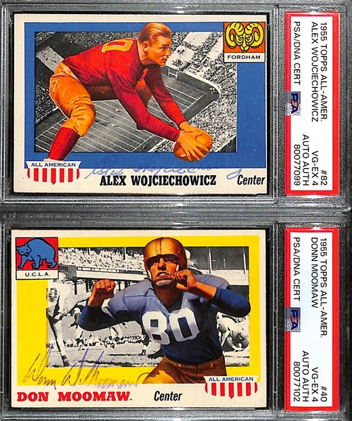(2) Signed 1955 Topps All-American Football Cards - Alex Wojciechowicz (Card Grade 4) & Don Moomaw (Card Grade 4) - PSA/DNA Slabbed - Autos Grade Authentic
