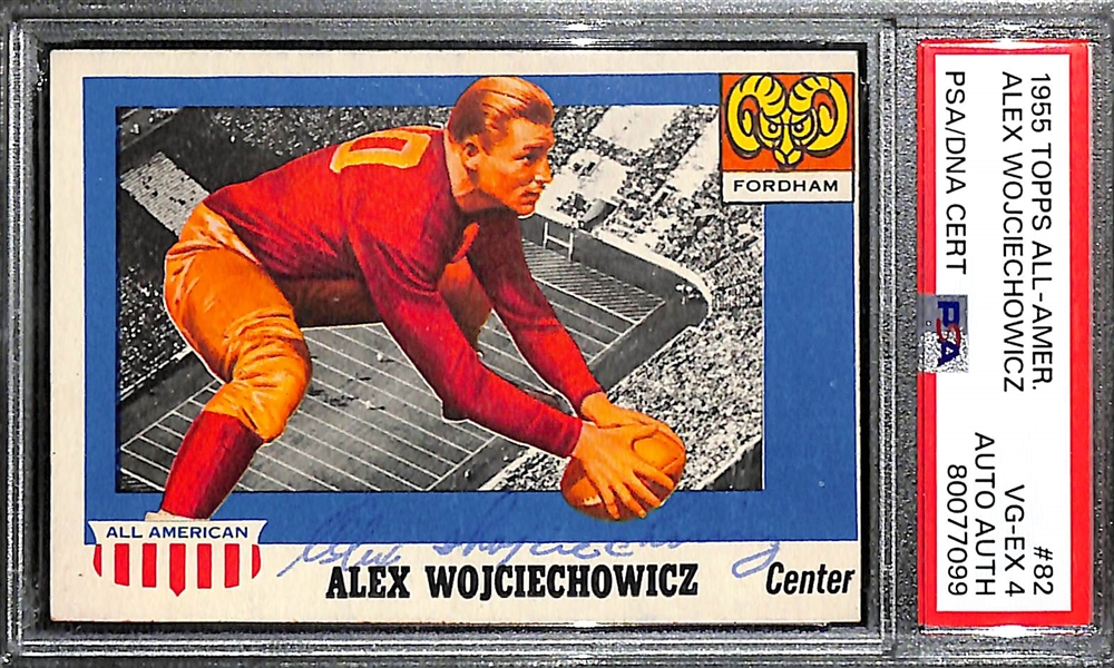 (2) Signed 1955 Topps All-American Football Cards - Alex Wojciechowicz (Card Grade 4) & Don Moomaw (Card Grade 4) - PSA/DNA Slabbed - Autos Grade Authentic