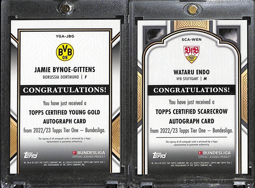 (2) 2022-23 Topps Tier One Bundesliga Soccer Autographs - Jamie Bynoe-Gittens Rookie (#/120), Wataru Endo (#/50)
