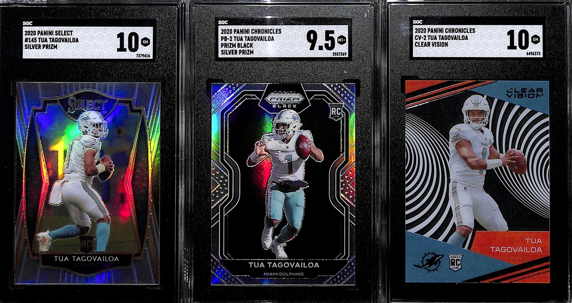 (3) SGC Graded Tua Tagovailoa Rookie Cards - 2020 Select Silver (SGC 10), 2020 Chronicles Prizm Black Silver (SGC 9.5), 2020 Chronicles Clear Vision (SGC 10)