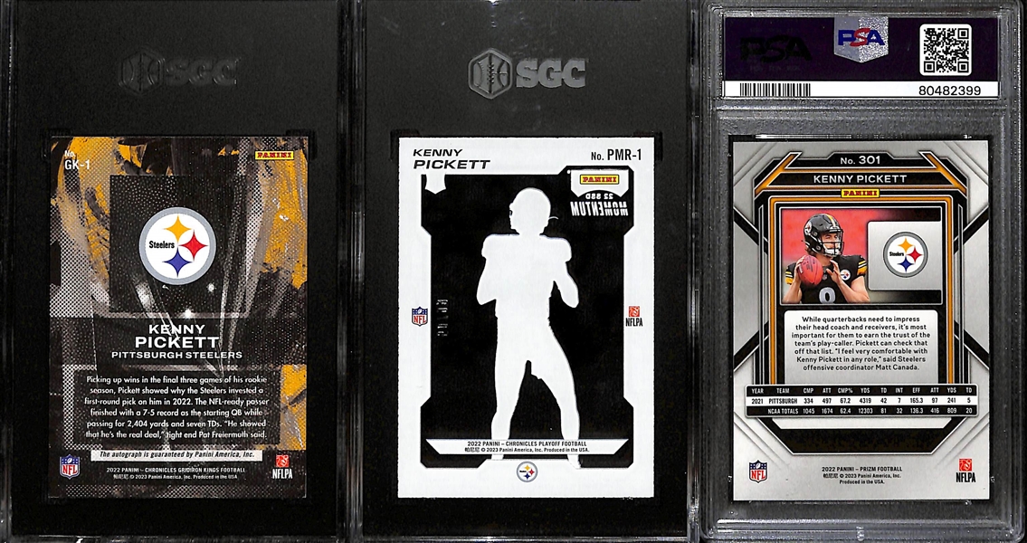 (3) Kenny Pickett Graded Rookie Cards - 2022 Chronicles Gridiron Kings Autograph (SGC 9) (10 Auto) (#/99), 2022 Chronicles Playoff Momentum Blue (SGC 9.5) (#/99), 2022 Prizm (PSA 9)