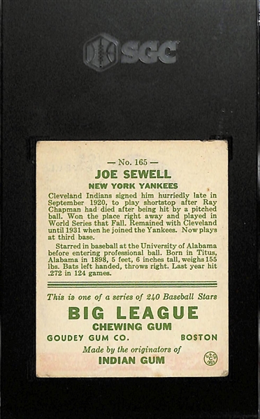 1933 Goudey #165 Joe Sewell (HOF) Rookie Card Graded SGC 3