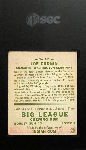 1933 Goudey #189 Joe Cronin Graded SGC 4.5
