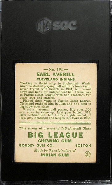 1933 Goudey #194 Earl Averill (HOF) Rookie Card Graded SGC 4