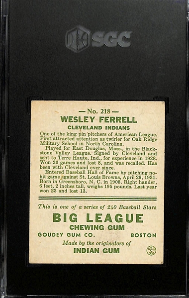 1933 Goudey #218 Wesley Ferrell Graded SGC 5