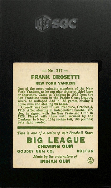 1933 Goudey #217 Frank Crosetti Graded SGC 3