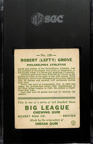 1933 Goudey #220 Lefty Grove Graded SGC 2.5