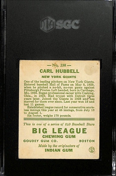 1933 Goudey #230 Carl Hubbell Graded SGC 2
