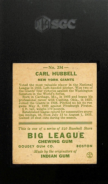 1933 Goudey #234 Carl Hubbell Graded SGC 4
