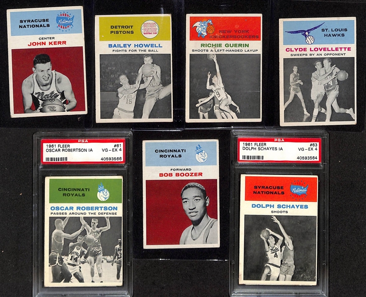 Lot of (7) 1961-62 Fleer Basketball Rookie Cards inc. Oscar Robertson In Action (PSA 4), Dolph Schayes In Action (PSA 4), + 