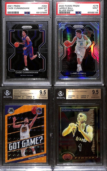 Lot of (4) Graded Basketball Cards inc. 2019-20 Mosaic Stephen Curry Got Game? Orange (BGS 9.5) (#/25), 2020-21 Prizm Lamelo Ball Rookie SIlver (PSA 9), +