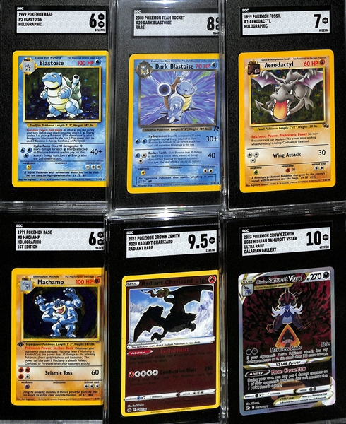 Lot of (6) SGC Graded 1990s-2020s Pokemon Cards inc. 1999 Base Set Blastoise Holo (SGC 6), 2000 Team Rocket Dark Blastoise (SGC 8),+
