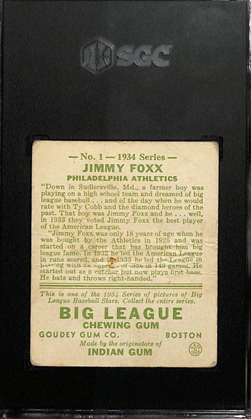 1934 Goudey #1 Jimmy Foxx Graded SGC 1