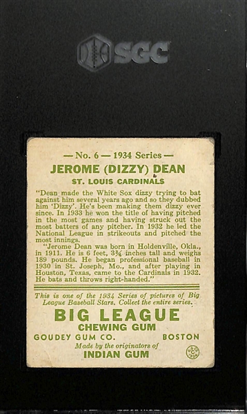 1934 Goudey #6 Dizzy Dean Graded SGC 1.5