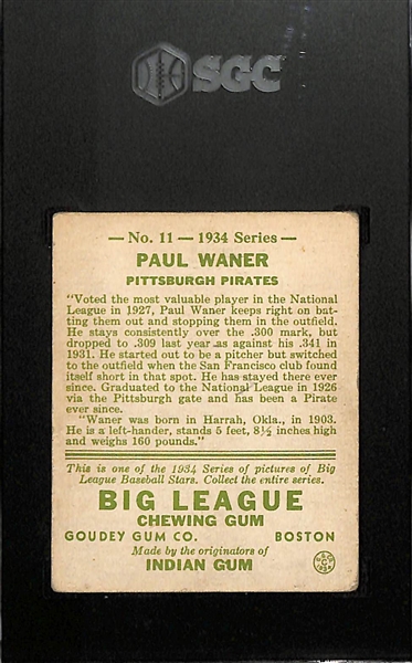 1934 Goudey #11 Paul Waner Graded SGC 2