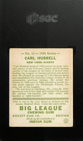 1934 Goudey #12 Carl Hubbell Graded SGC 3