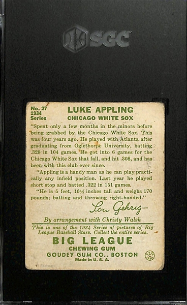 1934 Goudey #27 Luke Appling Graded SGC 3
