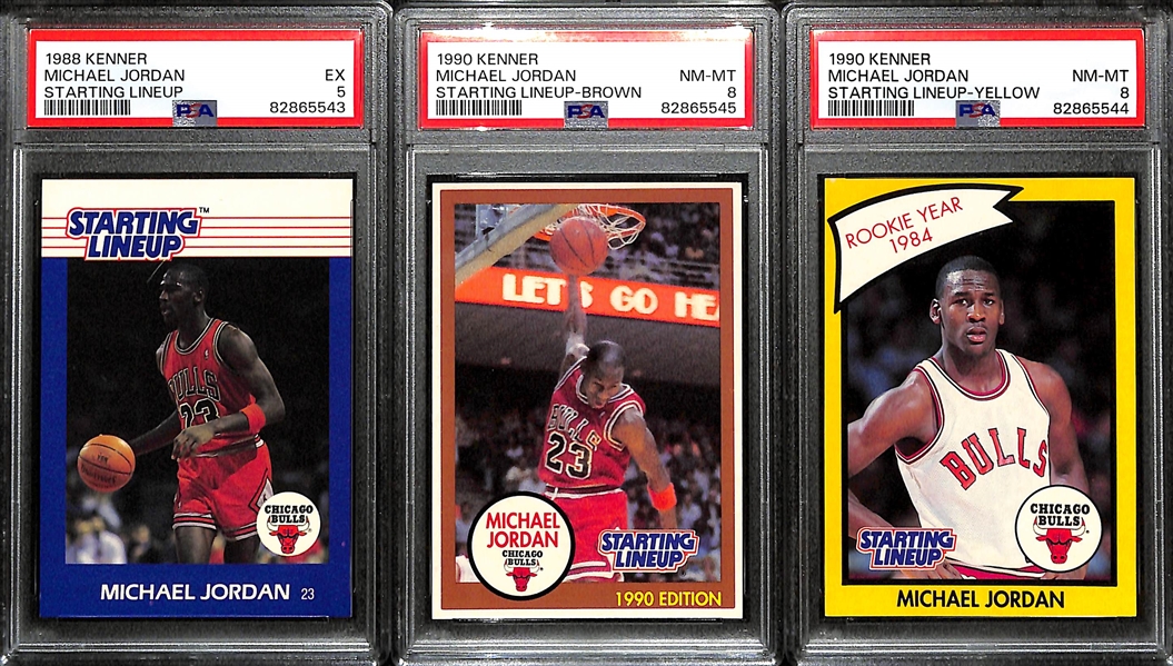 Lot of (3) PSA Graded Kenner Starting Lineup Michael Jordan Cards - 1988 (PSA 5), 1990 (PSA 8), 1990 Yellow (PSA 8)