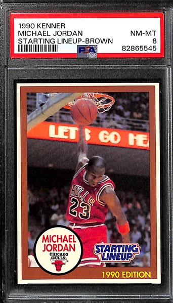 Lot of (3) PSA Graded Kenner Starting Lineup Michael Jordan Cards - 1988 (PSA 5), 1990 (PSA 8), 1990 Yellow (PSA 8)