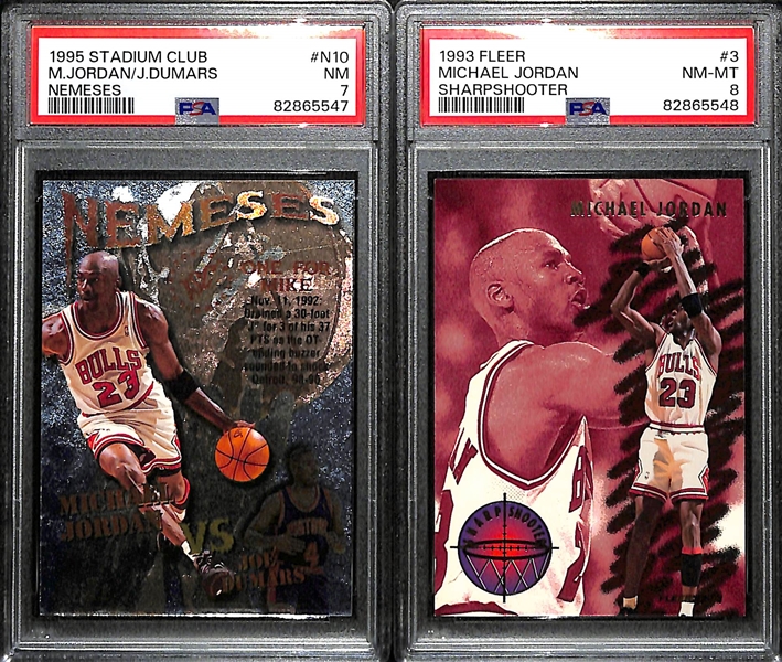 Lot of (2) PSA Graded Michael Jordan Insert Cards - 1995-96 Stadium Club Jordan/Dumars Nemeses (PSA 7), 1993-94 Fleer Sharpshooter (PSA 8)