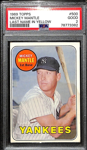 1969 Topps Mickey Mantle (Last Name In Yellow) Graded PSA 2