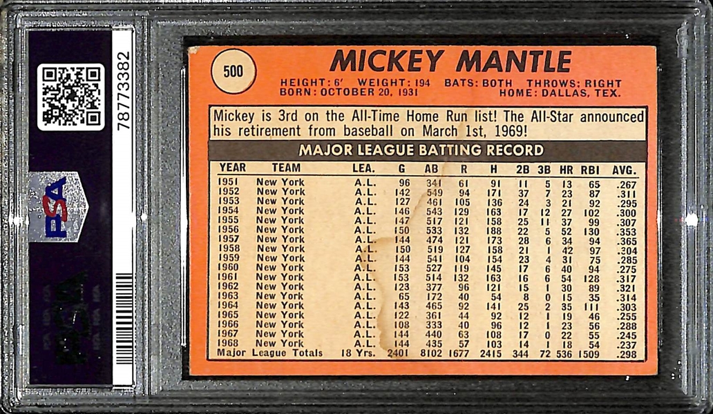 1969 Topps Mickey Mantle (Last Name In Yellow) Graded PSA 2