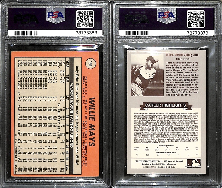 Lot of (2) PSA Graded Baseball Cards- 1969 Topps Willie Mays (PSA 2), 1972 Kellogg's Babe Ruth All Time Baseball Greats (PSA 9)