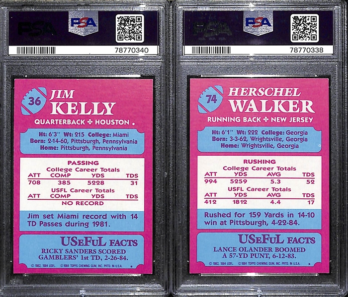 Lot of (2) PSA Graded 1984 Topps USFL Rookie Cards - Jim Kelly (PSA 7), Herschel Walker (PSA 7)
