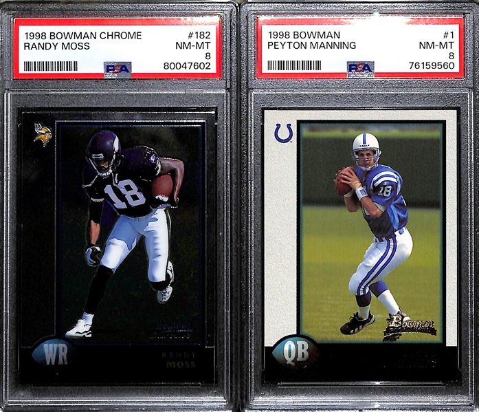 Lot of (2) PSA Graded Hall of Fame Football Rookie Cards - 1998 Bowman Chrome Randy Moss (PSA 8), 1998 Bowman Peyton Manning (PSA 8)