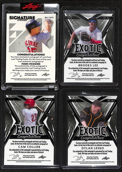 Lot of (4) 2023 Leaf Baseball Autograph Cards - Siganture Series Mark McGwire (#/1), Exotic Brooks Lee Rookie (#/5), Exotic Cam Collier Rookie (#/10), Exotic Dylan Lesko Rookie (#/4) 