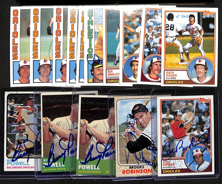 Lot of (16) Signed Baseball Cards inc. 1983 Topps Cal Ripken Jr, 1968 Topps Brooks Robinson, (2) 1963 Topps Boog Powell, 1973 Topps Boog Powell, + (JSA Auction Letter)