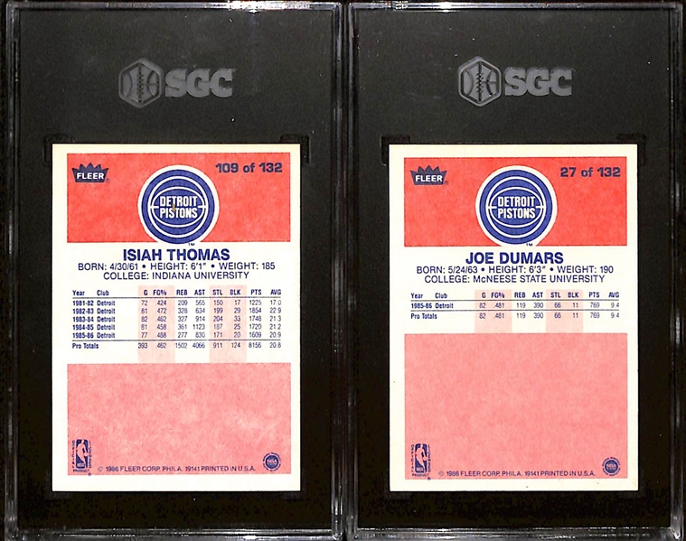 1986-87 Fleer Isiah Thomas #109 Rookie (SGC 8) & Joe Dumars #27 Rookie (SGC 8.5) 