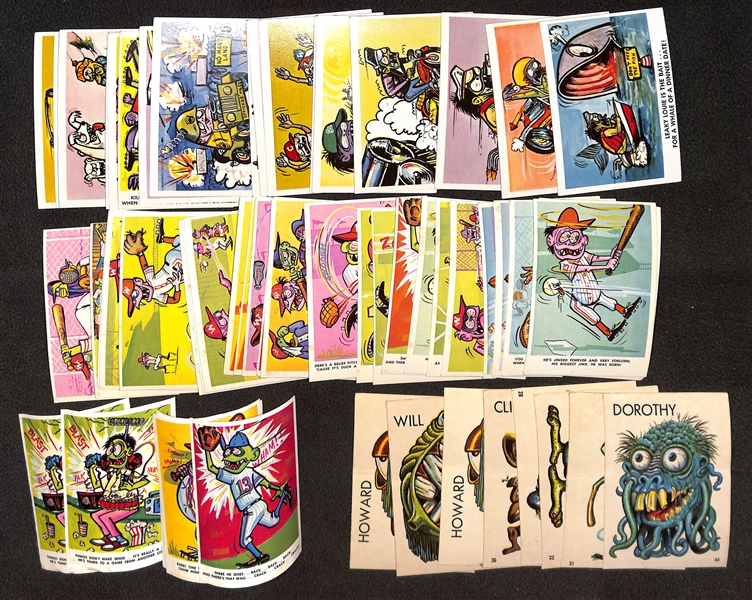 Lot of (18) 1965 Fleer Weird-Ohs, (25) 1966 Fleer Baseball Weird-Ohs, (5) 1966 Fleer Weird-Ohs Stickers, & (8) 1965 Topps Monsters Cards