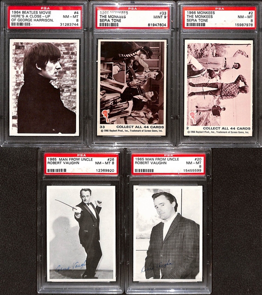 Lot of (5) Non-Sport PSA 8 and 9 Graded Cards including The Monkees, Beatles, & Robert Vaughn