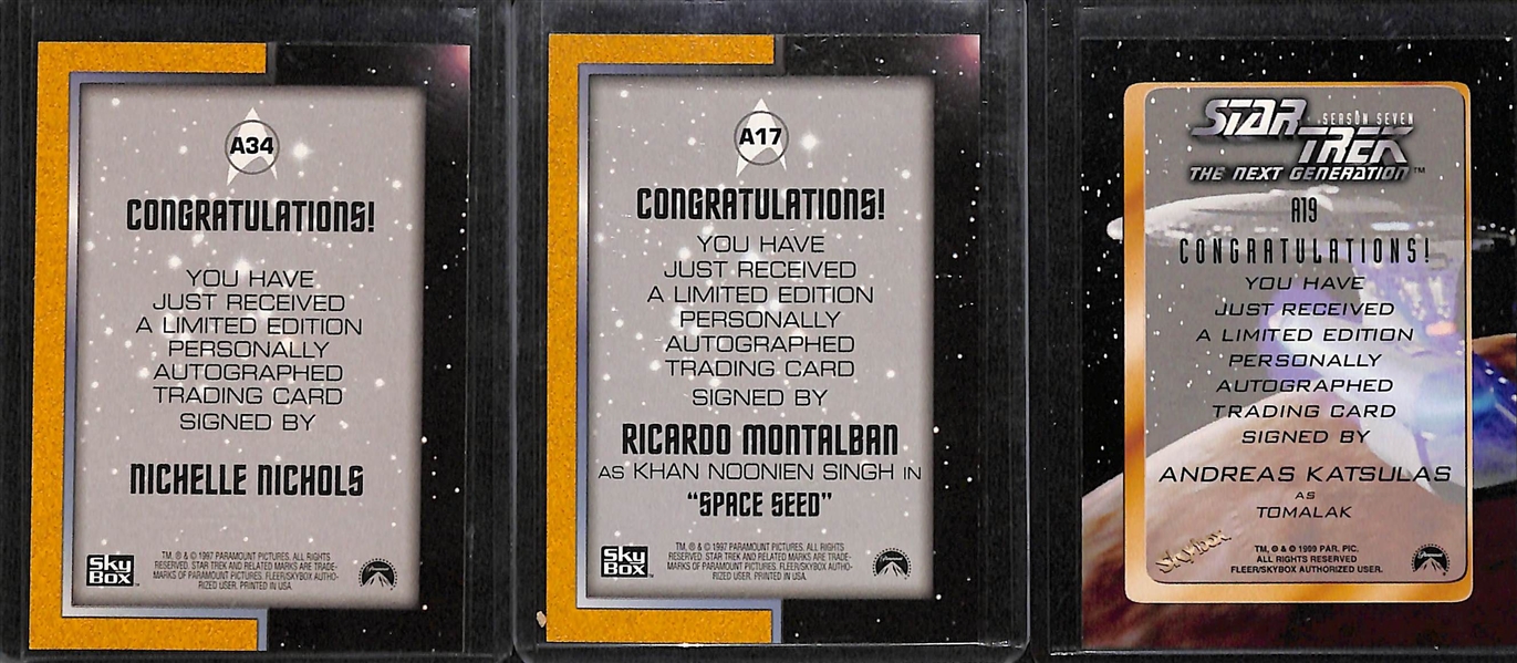 Lot of (13) SkyBox Star Trek Autograph Cards inc. 1999 Nichelle Nichols (Uhura), 1999 Ricardo Montalban (Khan), 1999 Andreas Katsulas (Tomalak), +
