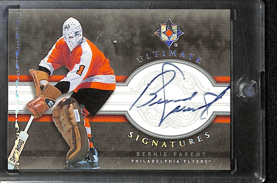 Lot of (4) Hockey Autograph Cards inc. 2000-01 Upper Deck NHL Legends Bobby Clarke Epic Signatures, 2006-07 Ultimate Collection Bernie Parent, +