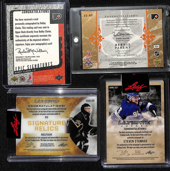 Lot of (4) Hockey Autograph Cards inc. 2000-01 Upper Deck NHL Legends Bobby Clarke Epic Signatures, 2006-07 Ultimate Collection Bernie Parent, +
