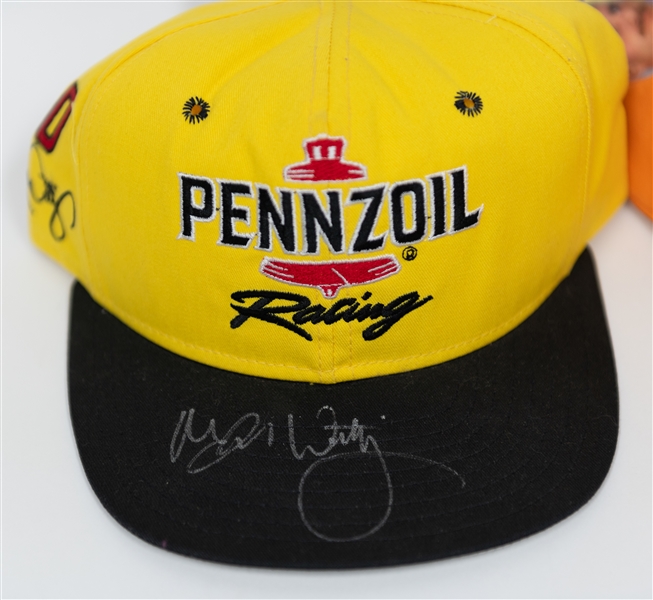 (11) NASCAR Autographed Items Inc. PayDay Mini Helmet (Kevin Harvick), 3 Hats (Michael Waltrip, Bobby LaBonte, Rusty Wallace), Al Unser Ticket Stub, (6) Large Photo Cards (Dale Earnhardt Jr., Kyle...